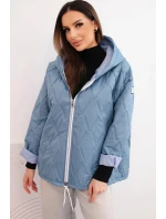 Dámská jarní prošívaná bunda s kapucí a jeansovým zipem, jeansová Dámská jarní prošívaná bunda s kapucí a jeansovým zipem, jeansová
