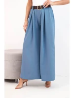 Dámské kalhoty s širokou nohavicí a páskem model 21893621 modré - K-Fashion