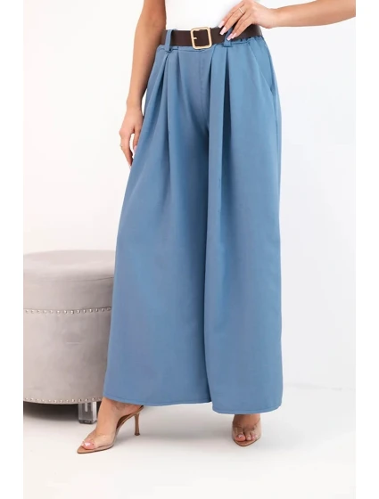 Dámské kalhoty s širokou nohavicí a páskem model 21893621 modré - K-Fashion