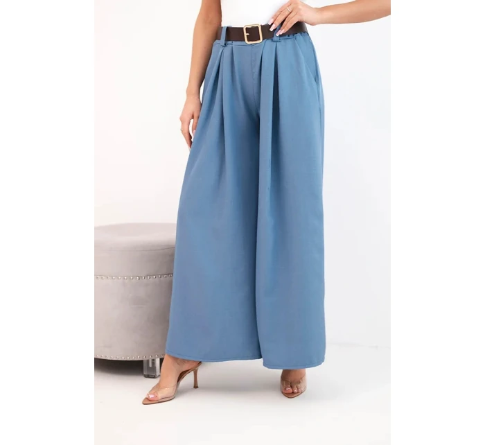 Dámské kalhoty s širokou nohavicí a páskem model 21893621 modré - K-Fashion