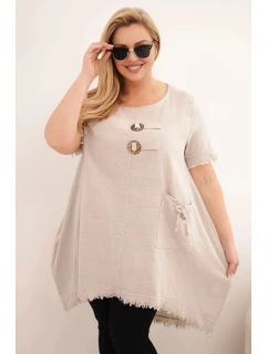 Dámské bavlněné šaty Plus Size s delším zadním dílem a kapsou béžová