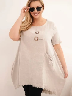 Dámské bavlněné šaty Plus Size s delším zadním dílem a kapsou béžová