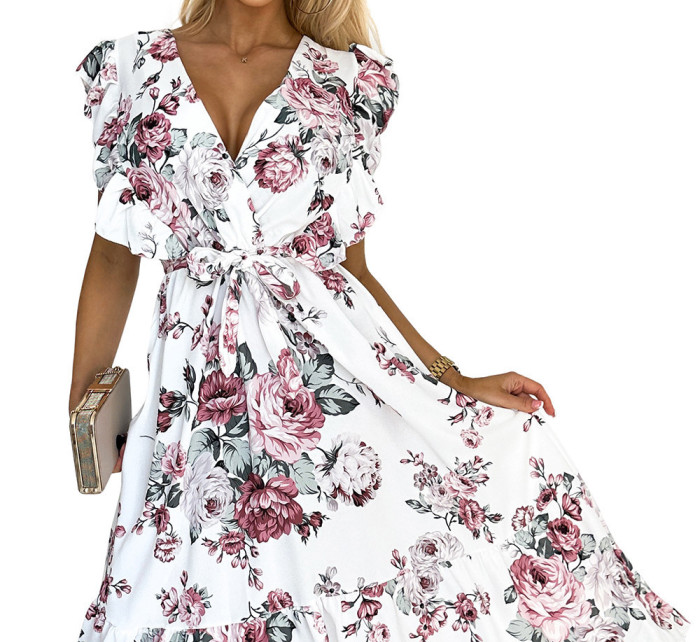 GABRIELLA - Bílé dámské šaty s volánky, výstřihem, zavazováním a se vzorem vínových bordó růží 466-1
