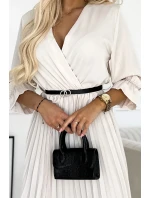 462-1 SERENA Plisované maxi šaty s výstřihem, páskem a 3/4 rukávy - BEACH