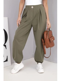 Dámské bavlněné kalhoty s vysokým pasem a ozdobným knoflíkem khaki