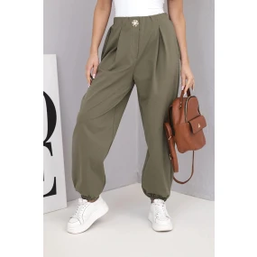 Dámské bavlněné kalhoty s vysokým pasem a ozdobným knoflíkem khaki Dámské bavlněné kalhoty s vysokým pasem a ozdobným knoflíkem khaki