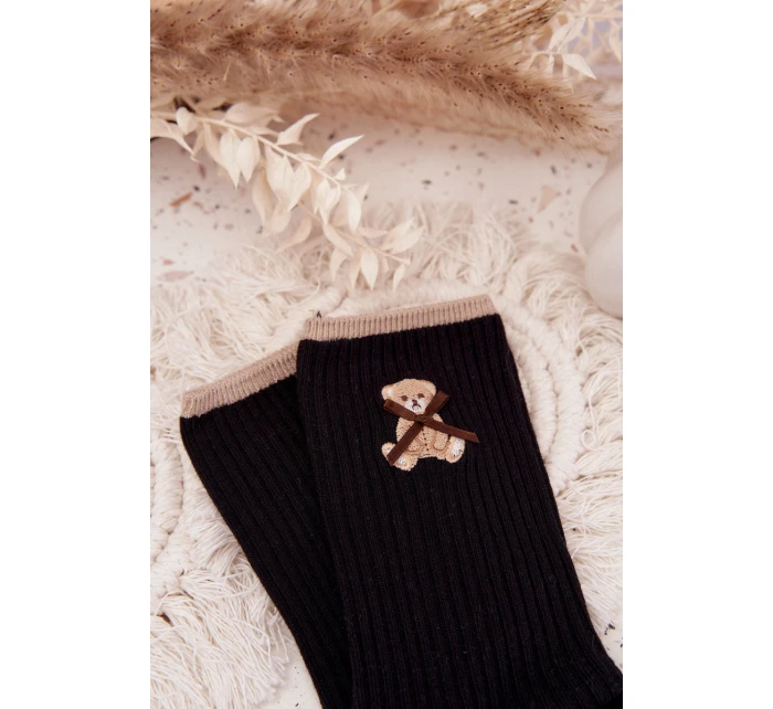 Bavlněné žebrované ponožky s medvídkem – černé