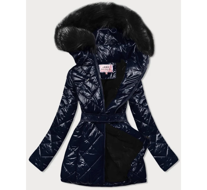 Tmavě modrá lesklá zimní bunda s mechovitou kožešinovou podšívkou (w756) Tmavě modrá lesklá zimní bunda s mechovitou kožešinovou podšívkou (w756)