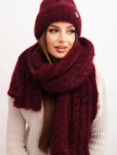 Dámská souprava čepice a šála s proužkem a ozdobou bordový