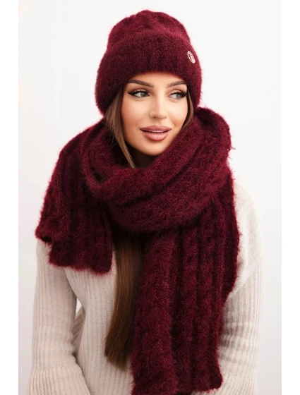 Dámská souprava čepice a šála s proužkem a ozdobou bordový