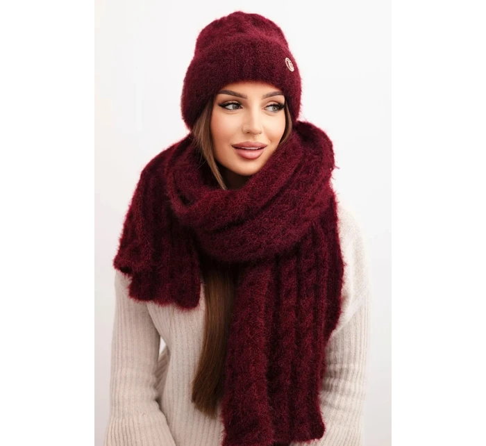 Dámská souprava čepice a šála s proužkem a ozdobou bordový