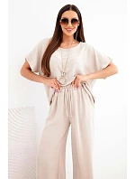 Dámský viskózový komplet — halenka s krátkým rukávem a kalhoty se širokou nohavicí tmavě béžový