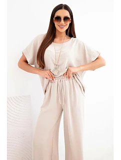 Dámský viskózový komplet — halenka s krátkým rukávem a kalhoty se širokou nohavicí tmavě béžový