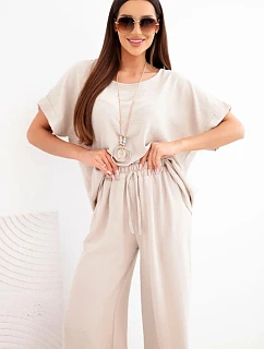 Dámský viskózový komplet — halenka s krátkým rukávem a kalhoty se širokou nohavicí tmavě béžový