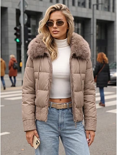 Dámská zimní prošívaná bunda s kožešinou, béžová, FashionStreet TY5830