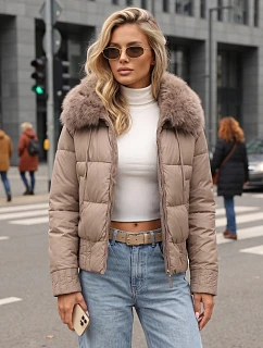 Dámská zimní prošívaná bunda s kožešinou, béžová, FashionStreet TY5830