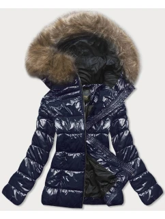 Tmavě modrá lakovaná prošívaná dámská bunda (7695)