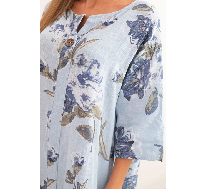 Dámská bavlněná šaty s květinovým vzorem a 3/4 rukávem modrá