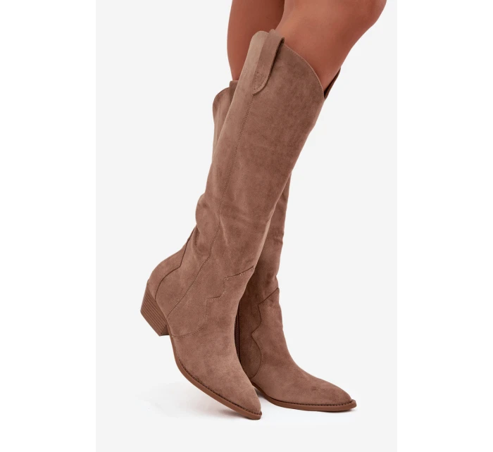 Eko semišové kozačky kovbojky dámské na podpatku béžové Jenaya