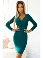 387-7 Přiléhavé šaty s obálkovým výstřihem a dlouhými rukávy - ZELENÉ se třpytkami 387-7 Přiléhavé šaty s obálkovým výstřihem a dlouhými rukávy - ZELENÉ se třpytkami