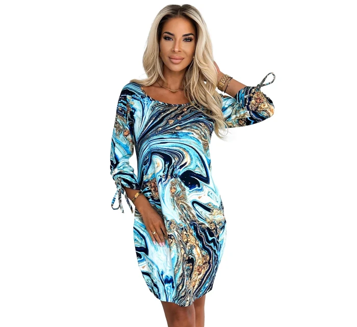 281-7 SOPHIE Pohodlné šaty s kapsami Oversize - BLUE-GOLD WAVES 281-7 SOPHIE Pohodlné šaty s kapsami Oversize - BLUE-GOLD WAVES