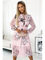 Dámské plisované midi šaty s dlouhými rukávy a se vzorem růží na růžové růžové barvě model 18507079 - numoco basic