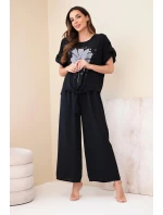 Dámský viskózový komplet s halenkou s potiskem a kalhotami černý