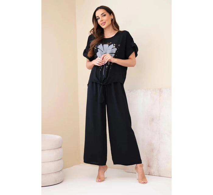 Dámský viskózový komplet s halenkou s potiskem a kalhotami černý