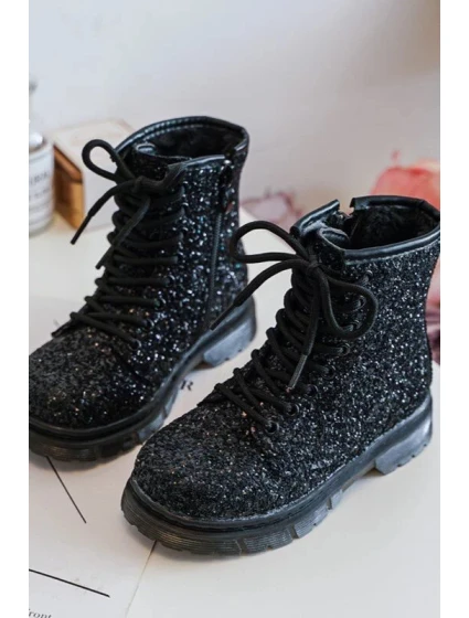Dětské třpytivé zateplené kotníkové boty na zip, černá Saussa