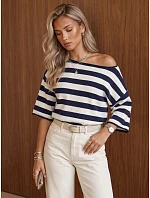 Dámský oversize svetr s pruhy v tmavě modré a bílé barvě FashionStreet MY2608 Dámský oversize svetr s pruhy v tmavě modré a bílé barvě FashionStreet MY2608