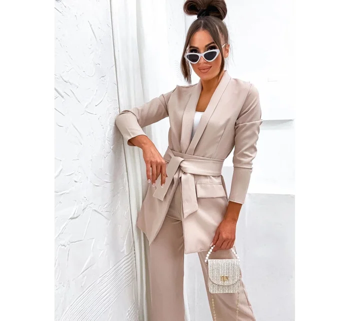 Béžový dámský komplet - volné sako a široké kalhoty (8167)