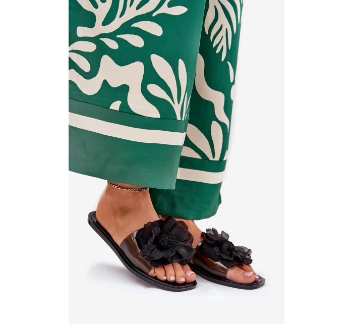 Průhledné Ploché Pantofle Dámské Se Umělou Květinou Černé Vobetta Průhledné Ploché Pantofle Dámské Se Umělou Květinou Černé Vobetta