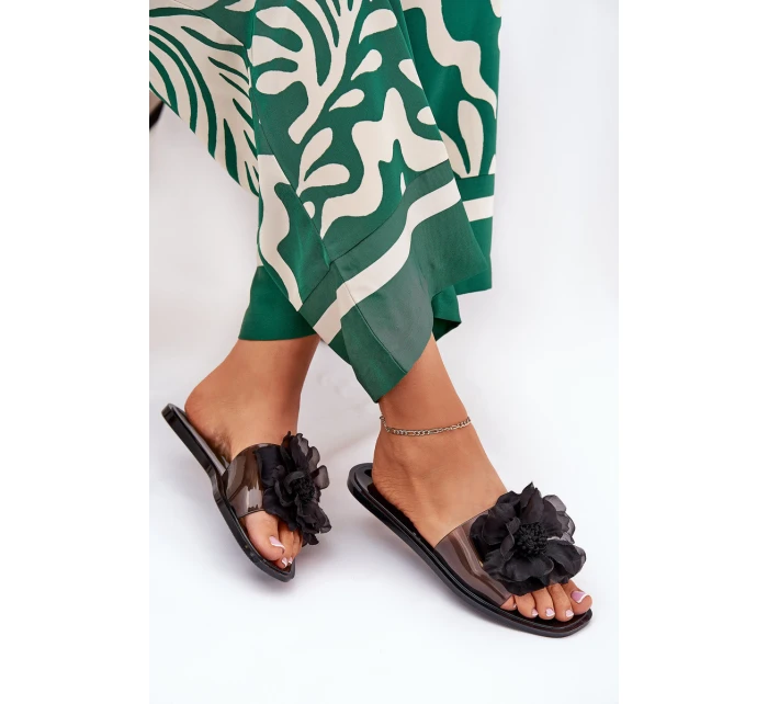 Průhledné Ploché Pantofle Dámské Se Umělou Květinou Černé Vobetta Průhledné Ploché Pantofle Dámské Se Umělou Květinou Černé Vobetta