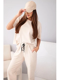 Dámská bavlněná souprava halenka s krátkým rukávem a teplákové kalhoty béžová