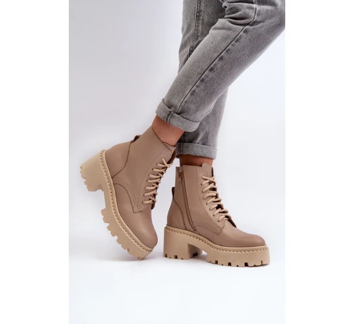 Dámské kožené botky na podpatku béžové model 21644578 - Zazoo