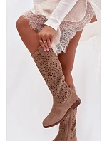 Dámské perforované kozačky na nízkém podpatku HY61-8023 Béžová - S.Barski