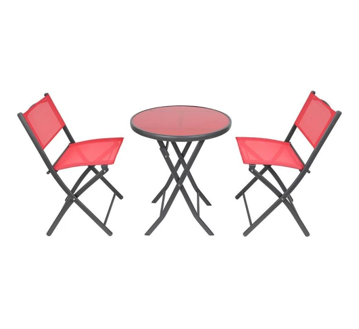 SADA BALKONOVÉHO NÁBYTKU KULATÝ STŮL A 2 SKLÁDACÍ ŽIDLE ČERVENÁ
