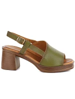 Dámské kožené sandály na podpatku zelené model 22116369 - VINCEZA