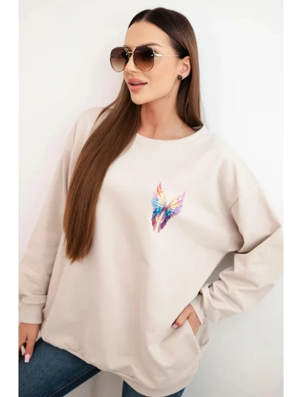 Dámská oversized mikina z bavlny s barevnými model 21421752 na zádech béžová - K-Fashion