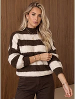 Dámský oversize rolák s pruhy v čokoládově-béžové barvě FashionStreet MY2630 Dámský oversize rolák s pruhy v čokoládově-béžové barvě FashionStreet MY2630
