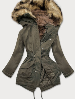 Prošívaná dámská zimní bunda v khaki barvě s kožešinou (M-137)