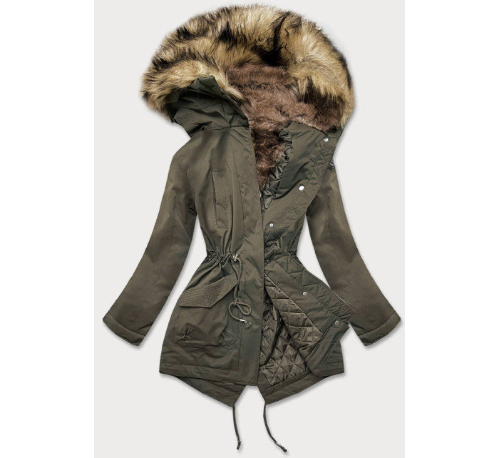Prošívaná dámská zimní bunda v khaki barvě s kožešinou (M-137)