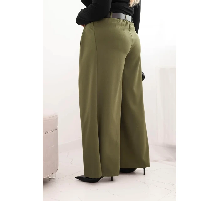 Dámské kalhoty Plus Size s širokou nohavicí a páskem khaki
