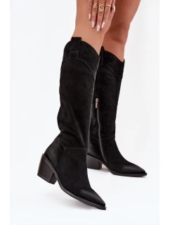 Dámské kožené cowboy kozačky na podpatku z přírodního semiše Artiker 57C0232 Černé