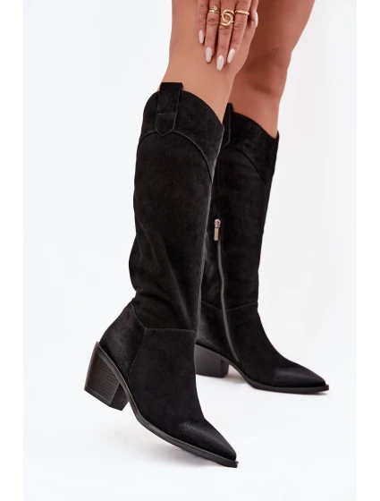 Dámské kožené kozačky na podpatku z přírodního semiše  Černé model 21725199 - Artiker