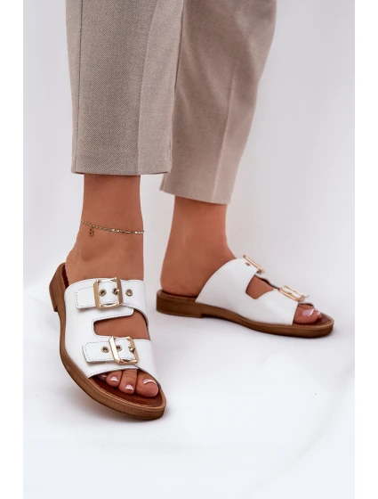 Kožené Ploché Sandály S Přezkami Bílé Zazoo 3020