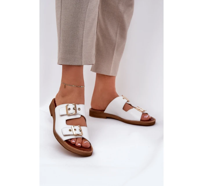 Kožené Ploché Sandály S Přezkami Bílé Zazoo 3020