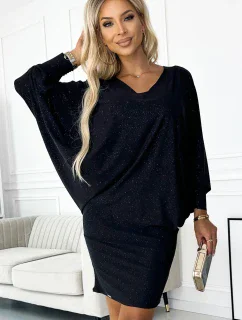 402-5 Netopýří šaty s výstřihem - černé s třpytkami