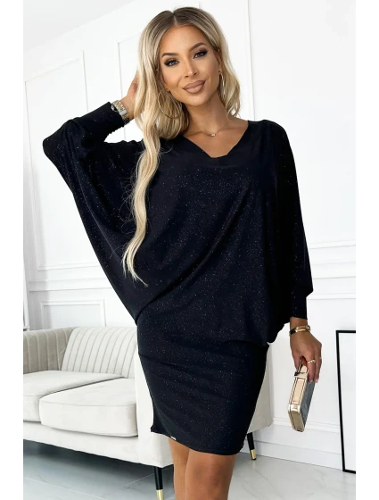 402-5 Netopýří šaty s výstřihem - černé s třpytkami