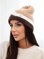Dámská čepice beanie žebrovaná s ozdobou camelová+hnědá Dámská čepice beanie žebrovaná s ozdobou camelová+hnědá